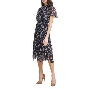 Karl Lagerfeld Floral Chiffon Smocked Ruffle Dress Size 10